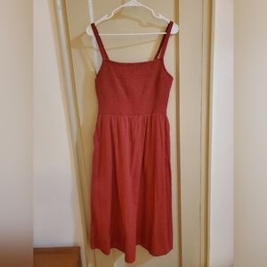Rust Smocked Cotton Midi Dress with Pockets
